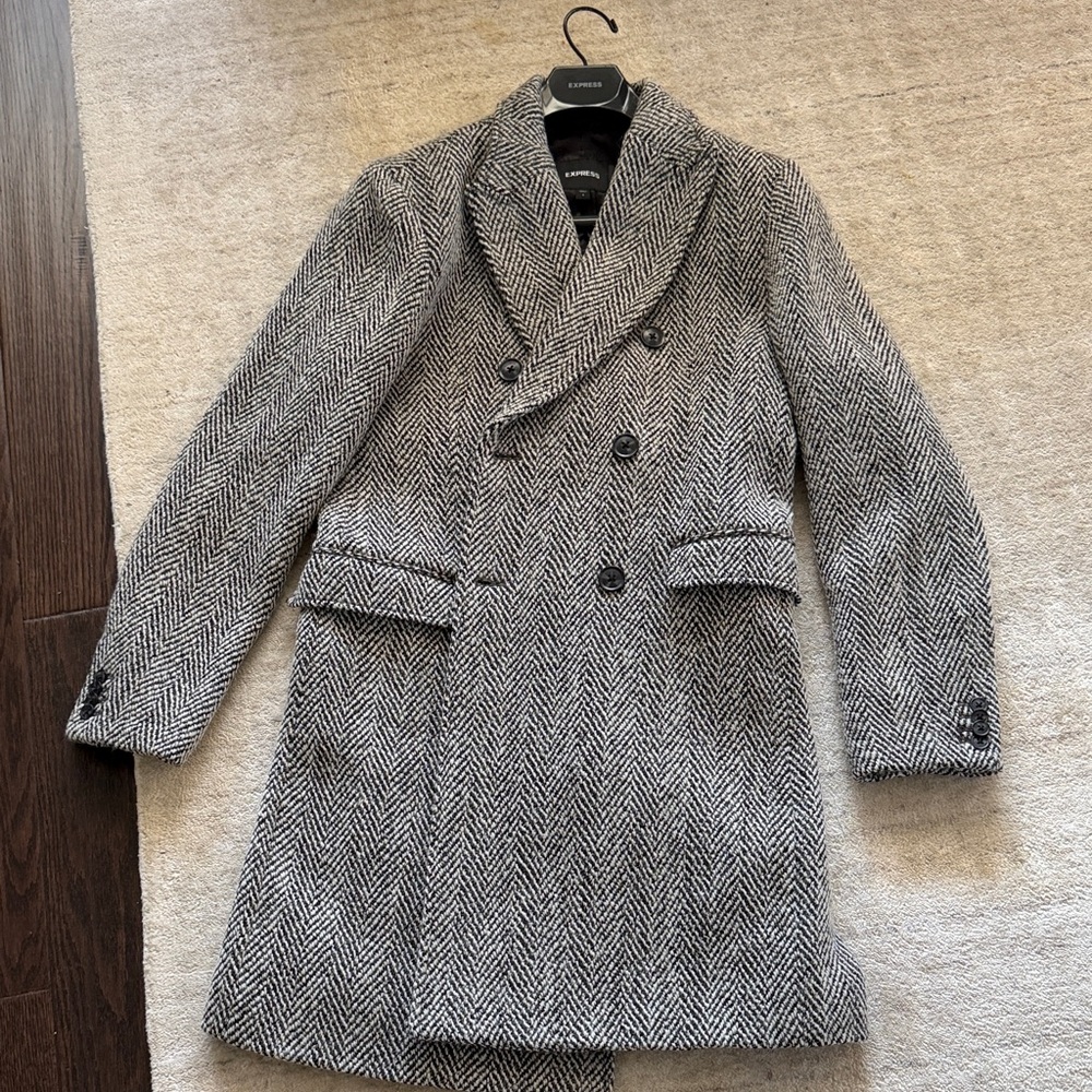Express Men’s Black & White Herringbone Double-Breasted Pea Coat